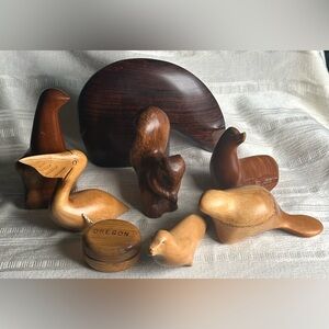 Vintage Oregon Myrtlewood Carved Animals Lot MCM Bear Pelican Seal Wood Decor